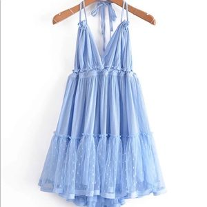 Shein Dobby Mesh Self-tie Ruffled Halter Dress